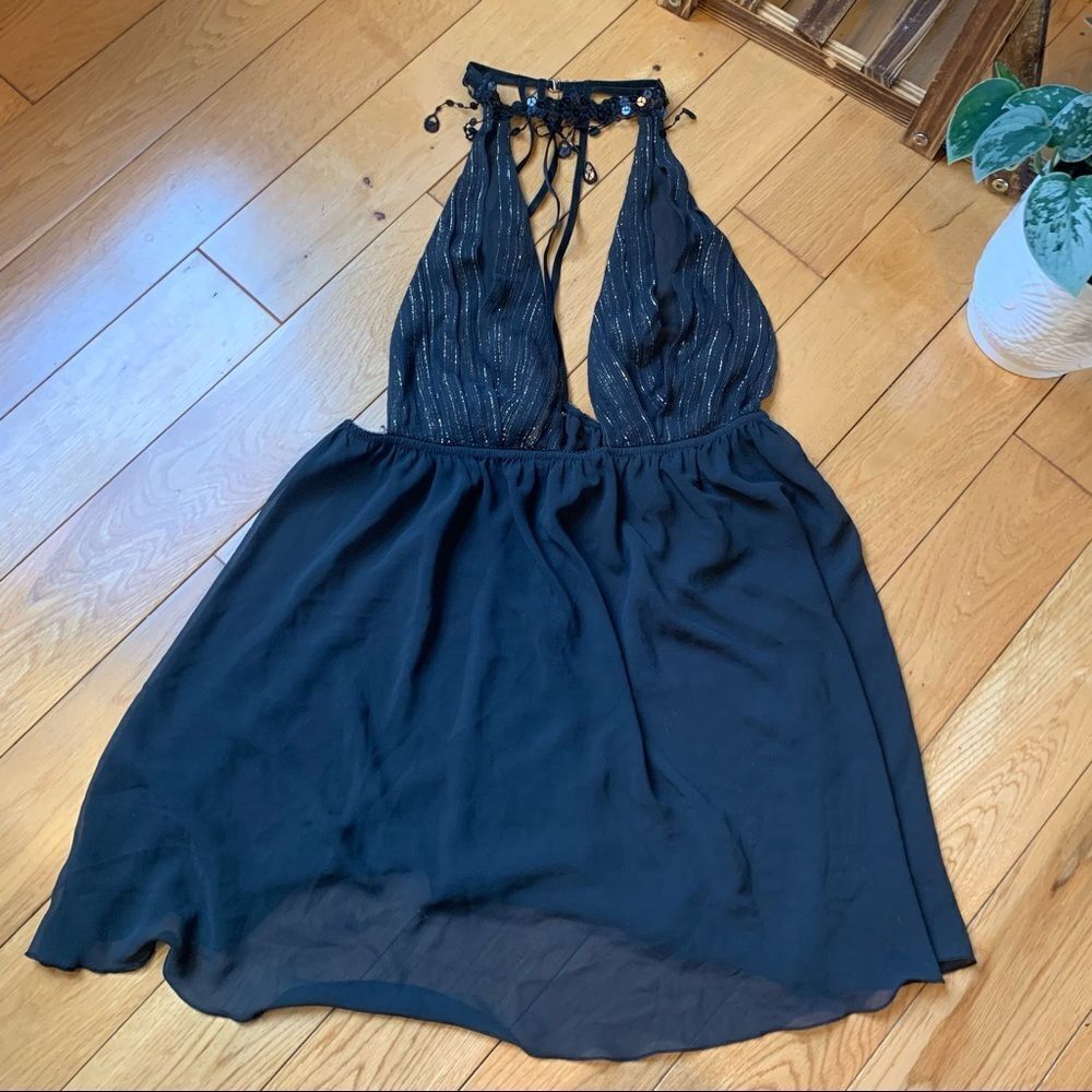 Vintage Victoria secret high neck baby doll black lace sheer sequins gold sz S